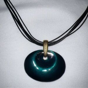 Chico's Green Enamel Pendant with Black Multi Cord Necklace